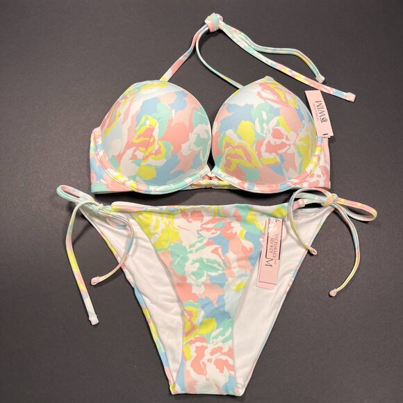 Victoria Secret 36DD L Bombshell Push Up Bikini Top Bottom Set Blue Pink Pastel - Picture 2 of 16